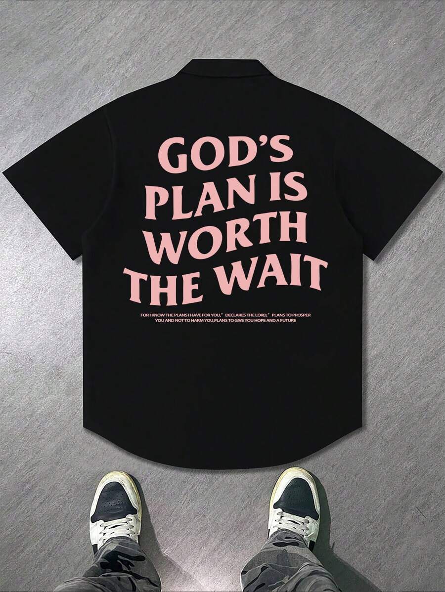 Men's Loose Solid Twill Button-Down Simple Print Casual Short Sleeve Shirt - Black - View 1