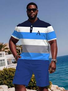 Plus Size 1 Set Men's Striped Print 2 Pieces Outfit, Includes Casual Polo Collar Short Sleeve Shirt And Shorts Set, Suitable For Summer, Men's Leisure Vacation Workout