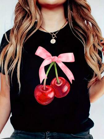 Camiseta informal de mujer de manga corta, cuello redondo, unicolor con estampado de cerezas, corte holgado
