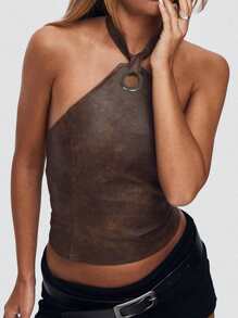 Vintage Halter Bandage Leather Tank Tops Sexy Backless Ring Slim Fit Women PU Vests Stunning Spring Summer Streetwear Hot Girl Tops - Brown - View 3