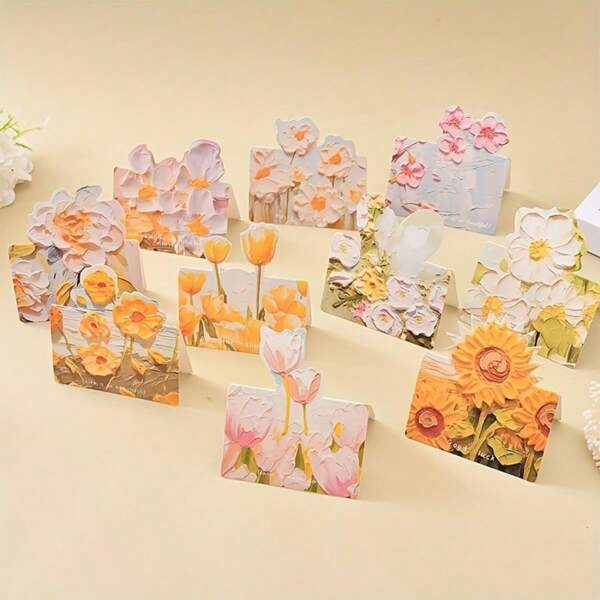 10 piezas de tarjetas de felicitación con diseños de pintura al óleo floral sin sobres, incluye varios diseños artísticos de pintura al óleo floral, tarjetas postales plegables en 3D, aptas para Acción de Gracias, Navidad, Halloween, fiestas, vacaciones, notas de agradecimiento y talla grande, regreso a la escuela, útiles escolares