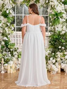 Váy UNITHORSE cỡ lớn cổ chữ V, viền ren, thiết kế nhún ở ngực và eo, váy xòe hở tà thanh lịch cho đám cưới, cô dâu, trang phục dự tiệc toàn màu trắng dành cho nữ - trắng - Xem 2