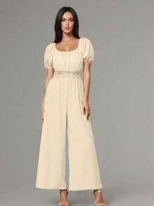 Europe and the United States French retro bubble lace sleeves square neck top lace hollow high waist wide leg dress trousers spring and summer new daily commuting out women's clothing