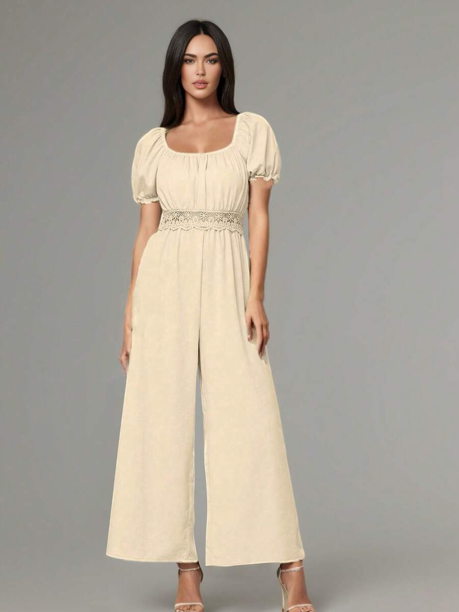 Europe and the United States French retro bubble lace sleeves square neck top lace hollow high waist wide leg dress trousers spring and summer new daily commuting out women's clothing