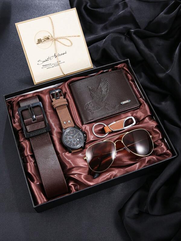 6pcs/Set Simple Unique College Style Boys' Watches, Alloy Case, Quartz Movement, Electronic Drive Wrist Watches Gift Box Set, Suitable For New Year, Eid, Easter, Thanksgiving, Christmas, Birthday Party Gifts