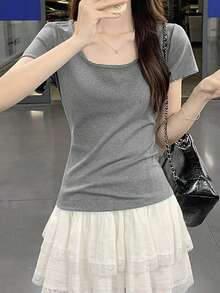 Women Oblique Collar Cold-Shoulder Fitted Plain Color T-Shirt, Korean Style Summer Top
