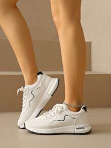 Women's Round Toe Lace-Up Thick Sole Student Casual Comfortable Running Sneakers - Blue - View 5