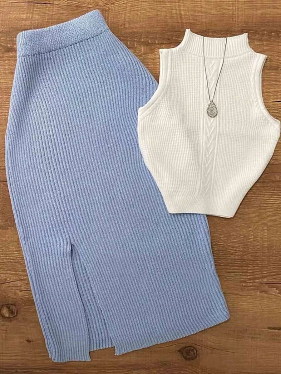 女士优雅复古Y2K度假休闲性感针织吊带背心和半身裙两件套，适合春夏海滩穿着，慵懒可爱 - 彩色 - 查看 1