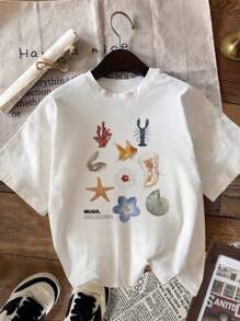 Camiseta de manga corta con cuello redondo, estilo casual y versátil de mujer para verano, con estampado de flores, langosta y vida marina, en estilo playero y callejero, de corte oversize