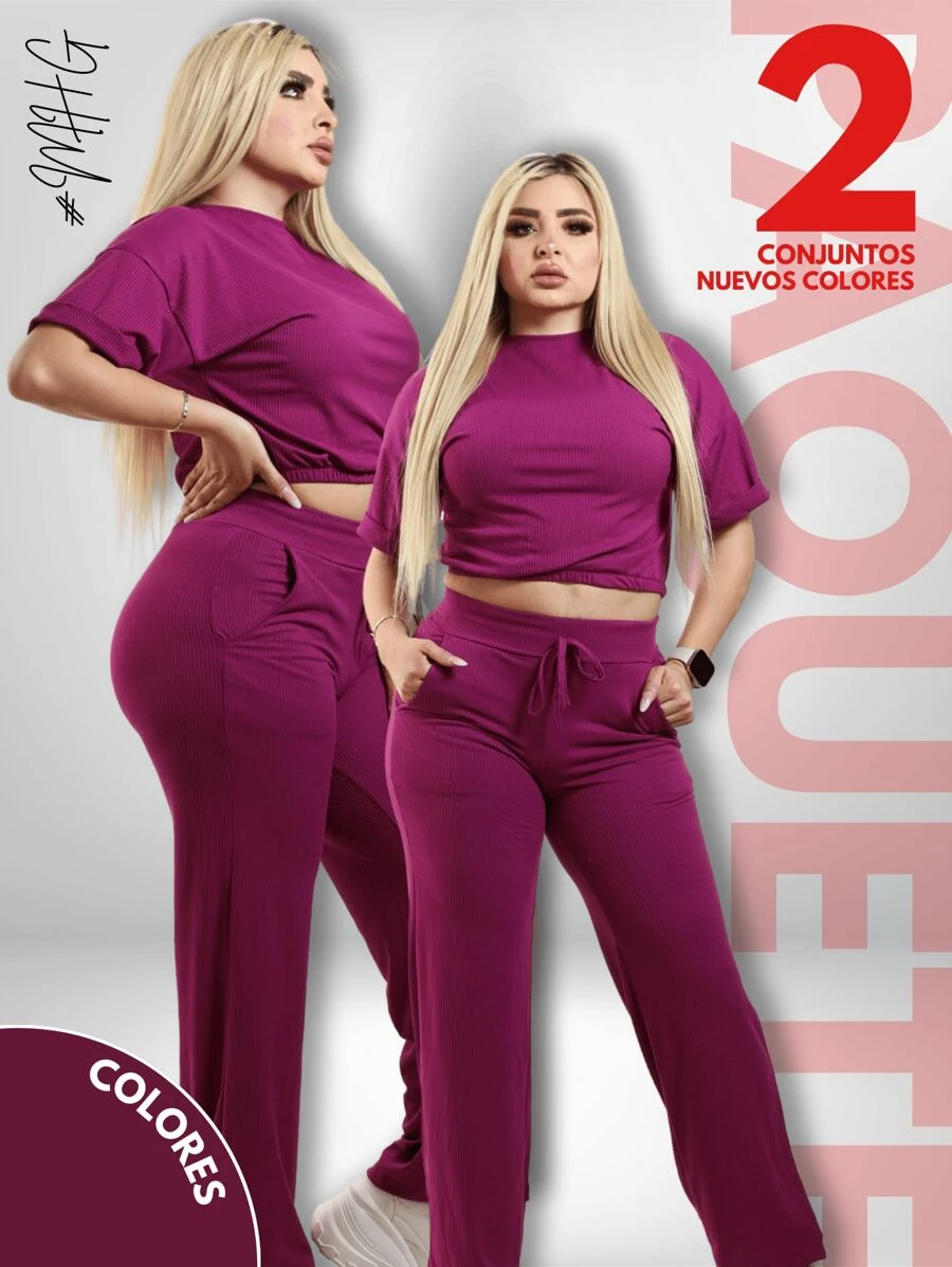 Camiseta de cuello redondo y mangas estilo murciélago y pantalones con cordón en la cintura - Magenta - Ver 1
