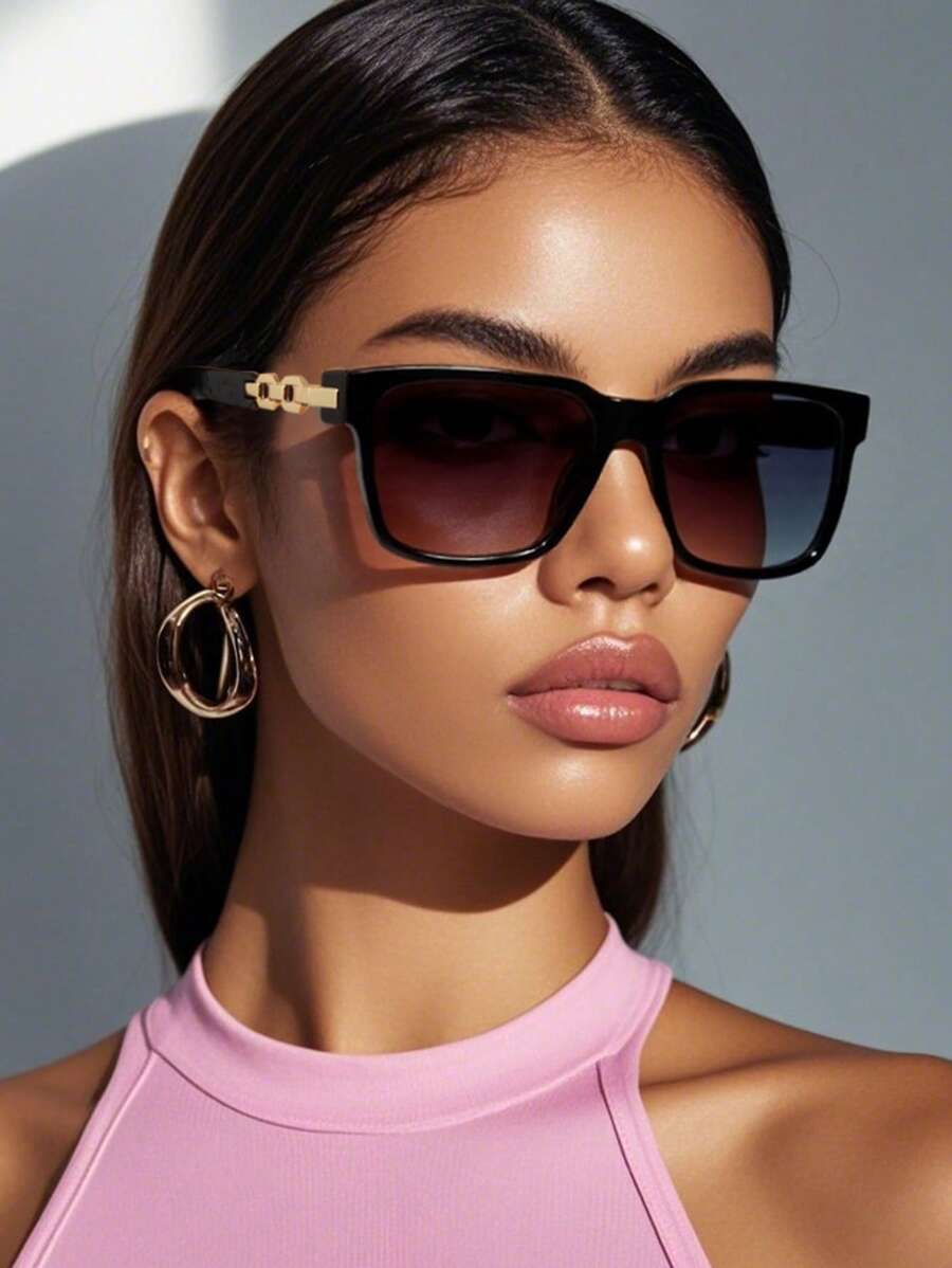 1 buc ochelari de soare pentru femei, cu aspect pătrat și gradient, stil retro, minimalist, versatili pentru exterior, vacanță, călătorii, pentru vacanță de vară la plajă, exterior, ochelari de soare de călătorie, cu lanț, stil elegant, ramă pătrată supradimensionată