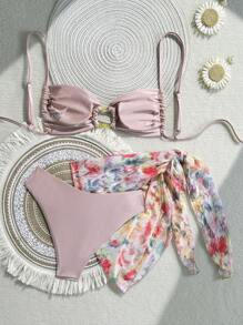 3pcs Sexy Shiny Fabric Printed Halter Neck Tie Swimsuit Top With Asymmetrical Shaped Golden Hoop Decor & Bottoms Swimsuit Set - Dusty Pink - View 2