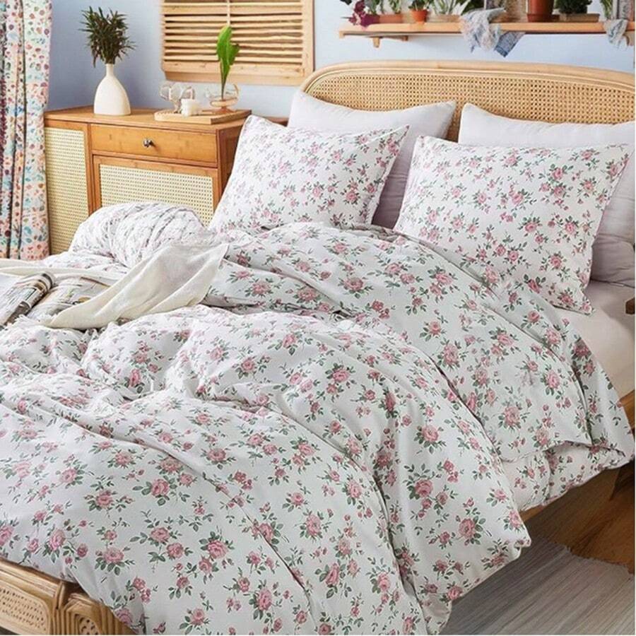 Pink Floral Comforter Set Full 3 Pcs Vintage Peach Blossom Down Comforter With 2 Pillowcases All Season Soft Fluffy & Lightweight Comforter Set For Girls Women - 化纖印花被子-桃花雪 - 查看 1