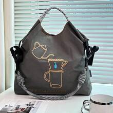 Women's Shoulder Bag, Stylish And Elegant, Nylon Bag, Embroidered Coffee Pot Pattern, Cloth Bag, Large Capacity, Lightweight, Foldable Storage, Crossbody Bag, Handbag, Commute, Travel, School, Leisure, Fashion Street Photo, Holiday Gift Large Capacity Tote