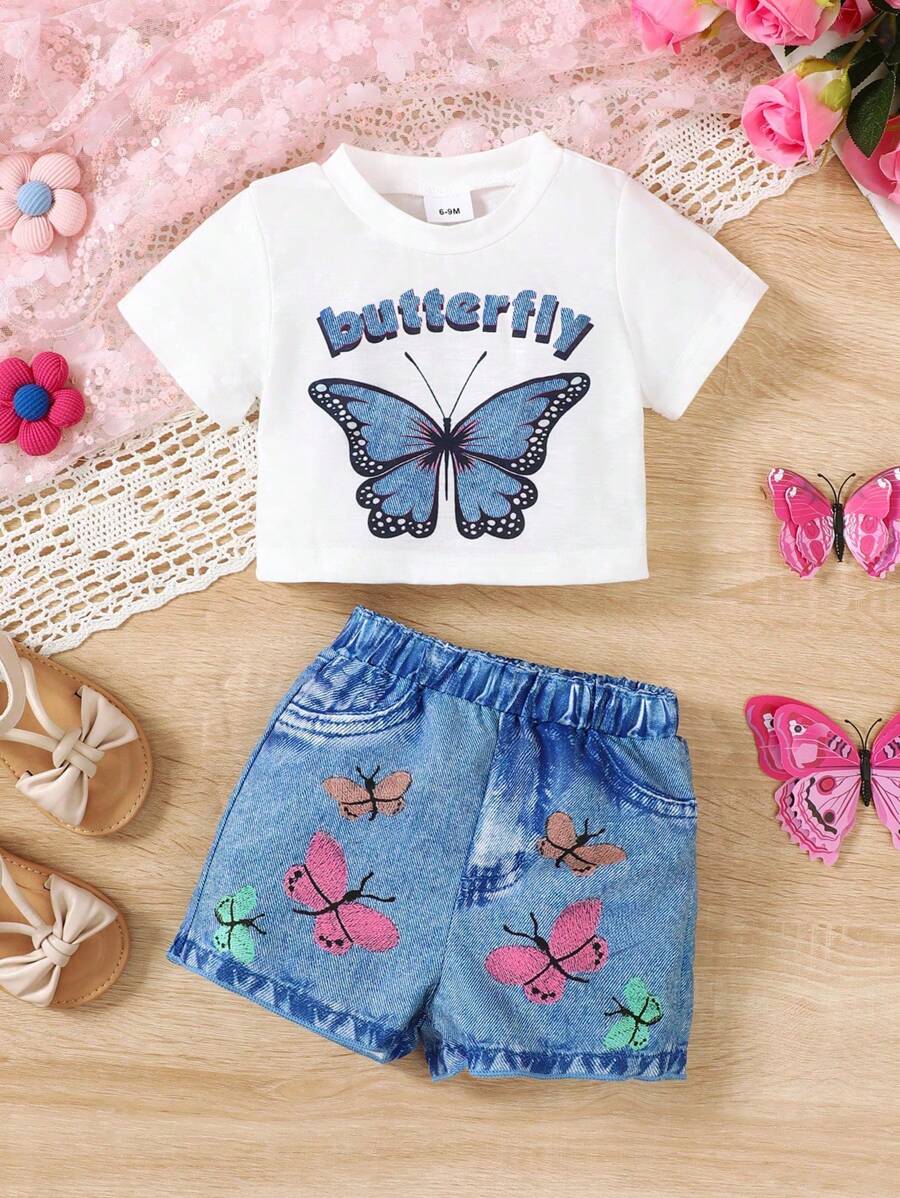 Set de 2 bucăți pentru fetiță, drăguț, la modă, cu imprimeu de fluturi, cu mânecă scurtă și set de pantaloni scurți, vară