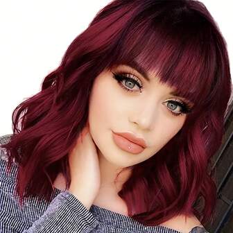 Red Wavy Wigs With Bangs For Women Short Curly Bob Wigs Medium Shoulder Length Burgundy Wine Red Wigs Natural Looking Synthetic Heat Resistant Wigs 14 Inch