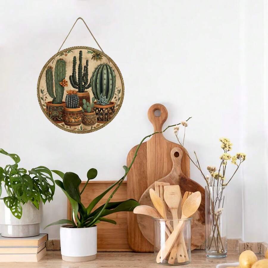 1pc Retro Desert Cactus Sunset Theme Round Wooden Sign, Nostalgic Home Kitchen Garden Club Garage Office Wall Decor, Ideal Holiday Gift, 7.87 X 7.87 Inches