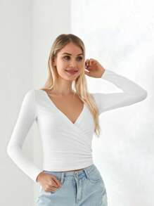 Women Ballet Wrap Top V Neck Solid Long Sleeve Self Tie Dance Shirt Pilates Yoga Tops Y2k Workout Active Blouses Clubwear For Daily Party - 白色 - 查看 6