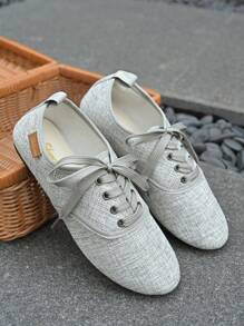 系带圆头女士时尚平底休闲一脚蹬优雅鞋 - 灰色 - 查看 2