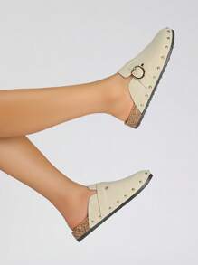 Sandálias femininas rasteiras, mules confortáveis e minimalistas, para lazer e viagens casuais - Damasco Branco - Ver 2