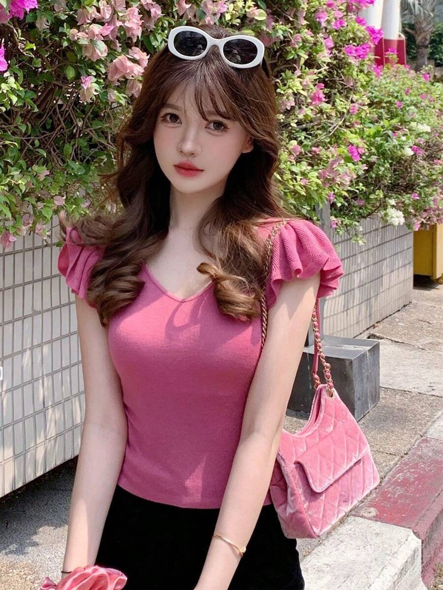 薄款短袖针织T恤女夏季新款修身显瘦百搭 - 粉色 - 查看 1