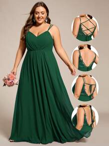 Backless V-Neck Chiffon Bridesmaid Dress, Essential For Weddings - Dark Green - View 1