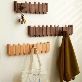 1pc Wooden Wall-Mounted Coat Hook Rack, Modern Piano-Style Hanging Organizer For Coats, Keys, Hats, Towels, Space Saving Entryway Hanger (Screwable Or Screw-Free Installation)