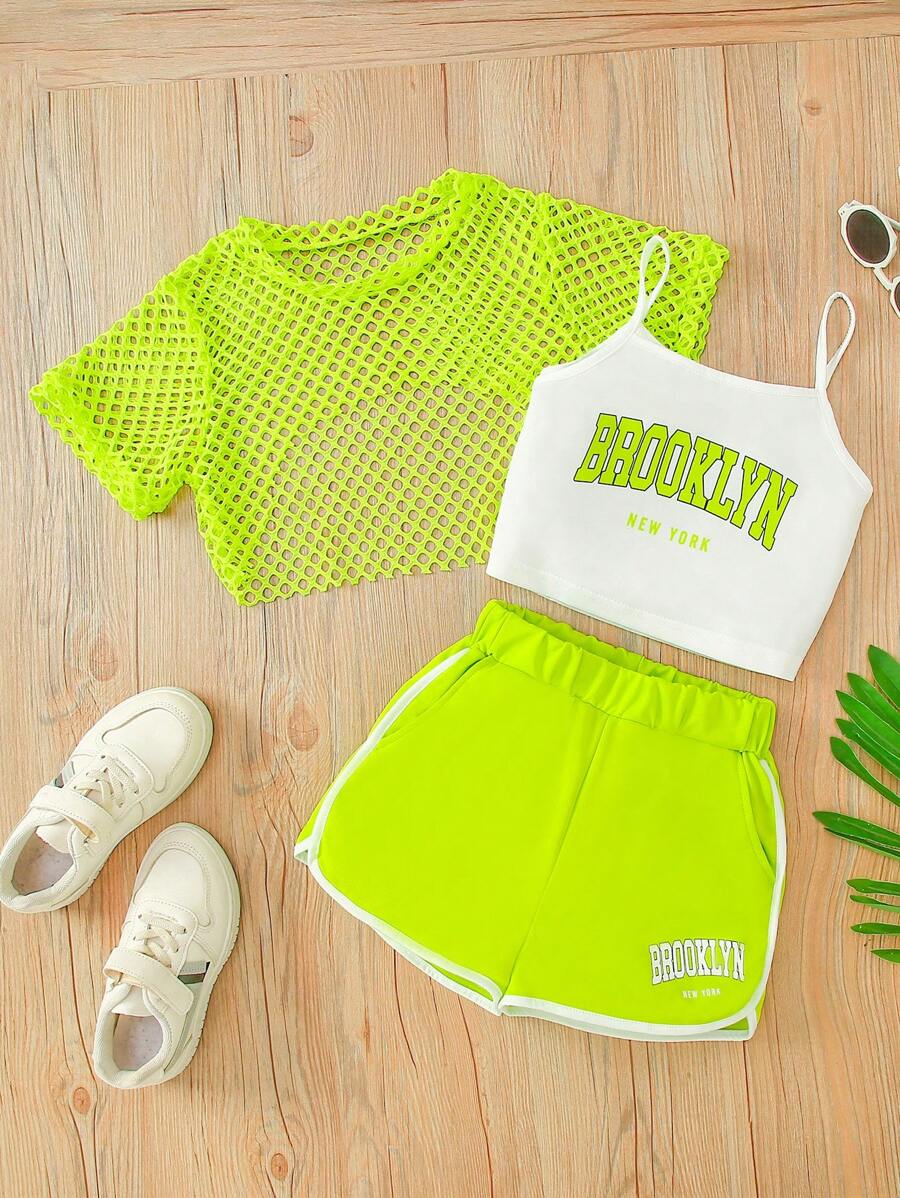 3pcs Tween Girl Summer Outfit Set: Yellow Brooklyn Letter Print Camisole + Mesh Overlay Top + Shorts, Knit Stretchy Fabric, Graphic Design, Suitable For Outdoor, Vacation, Gift