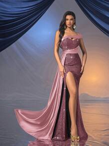 QOQ Rochie de seară romantică și elegantă pentru femei, cu paiete, de vară, pentru invitați la nuntă, bal, ceremonie de absolvire, culoare solidă, cu decolteu adânc - Roz - Vizualizare 5