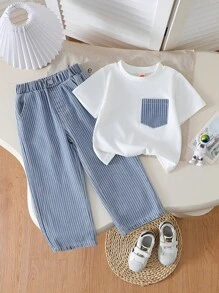 2pcs Toddler Boys Casual Crew Neck Patchwork Top + Striped Long Pants Set - White - View 1
