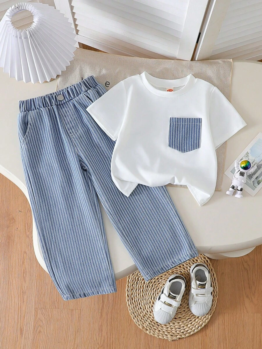 2pcs Toddler Boys Casual Crew Neck Patchwork Top + Striped Long Pants Set - White - View 1