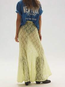 Women Sheer Lace Skirts Flower Elastic Waist See Through Summer Long Skirt Causal Streetwear - Yellow - View 7