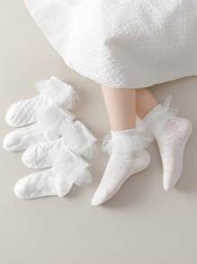 5 Pairs Lace Ruffle Trim Breathable Mesh Teen/Children Short Socks, Princess Style, Comfortable For Spring/Summer - White - View 1