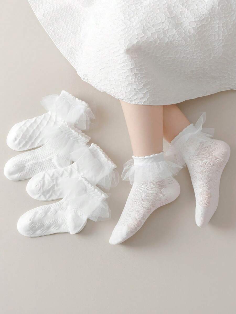 5 Pairs Lace Ruffle Trim Breathable Mesh Teen/Children Short Socks, Princess Style, Comfortable For Spring/Summer - White - View 1
