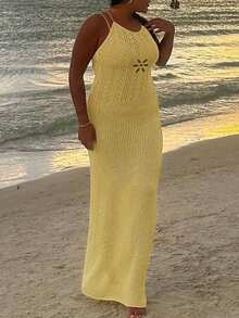 Women Summer Lace Up Backless Crochet Long Dress Sexy Beach Party Knitted Dress - Yellow - View 4
