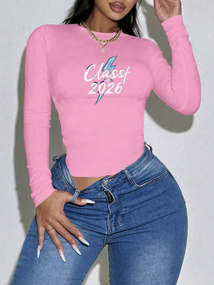 Class Of 2026 Women's Fashion Long Sleeve Shirt - 粉色 - 查看 1