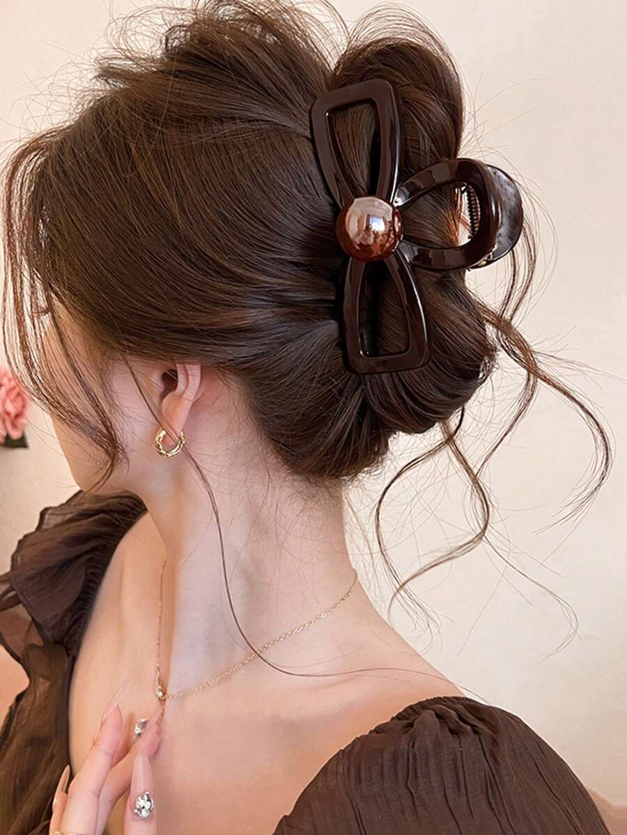 1 pieza Clip de pelo de mujer minimalista con lazo hueco y cuentas redondas, adecuado para uso diario, accesorios para el cabello, pinza de pelo, pinza de garra, clip de pelo, clip de mandíbula, casual otoño invierno para atuendos de vacaciones de mujer