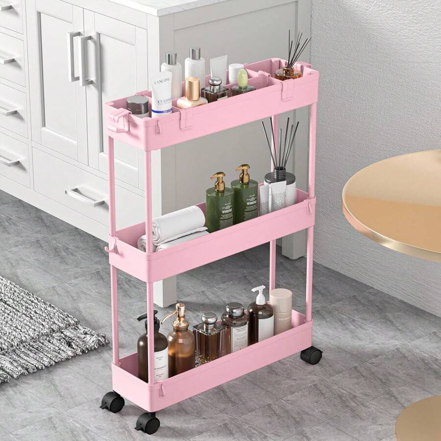 SPACEKEEPER Slim Rolling Storage Cart Storage Cart Organizer Rolling Utility Cart,Room Decor,Bathroom Decor,Mobile Shelving Unit Slide Out Storage Shelves For Kitchen Living Room Bathroom Laundry Room & Dressers - 粉色 - 查看 1