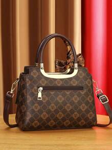 女士时尚包袋套装 - 优雅几何印花、仿皮托特包、斜挎包和手拿包 - 咖啡 - 查看 3