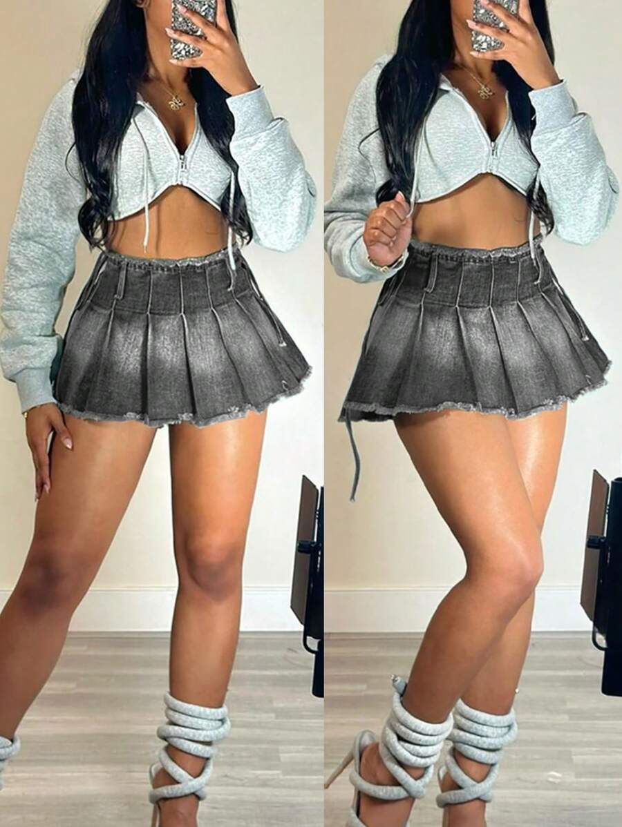 Y2K Street Vintage Washed Frayed Edge Press Pleated Bowknot Side Denim Mini Wrap Skirt - Light Grey - View 1
