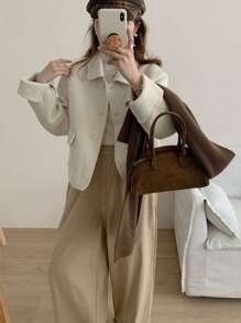 Women's Business Casual Double-Faced Wool Blazer, Solid Color Short Single-Breasted Jacket, Office To Evening Wear. - Beige - View 3