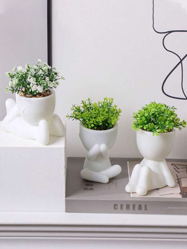 1 pieza/3 piezas Suculenta artificial, planta suculenta en maceta individual pequeña, con tres formas para elegir, maceta blanca, forma de dibujo animado, material PP, material PE, verde, decoración de mesa, decoración del hogar, decoración del jardín, escuela, dormitorio, decoración de oficina