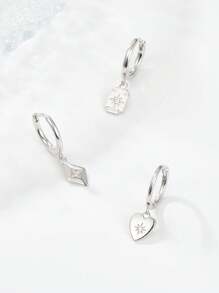 3pcs 925 Sterling Silver Earrings, Fashion Personalized Elegant Geometric Square Diamond-Shaped Heart Pendant Earrings, Suitable For Men And Women Daily Party To Wear Low Allergy Hoop Earrings, Perfect Birthday, Valentine's Day, Easter, Thanksgiving Jewelry Gifts