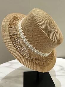 1pc Women Straw Weave Hat, Casual Cute Elegant Tasseled Pearl Flat Top Straw Hat For Summer, British Style Beach Sun Hat Suitable For Outdoors, Travel And Leisure Use - MZ2791 - View 7