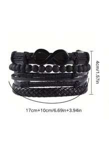 Set da 4 braccialetti in pelle da uomo, corda nera alla moda a più strati, regalo per Natale, Capodanno, San Valentino e altre festività