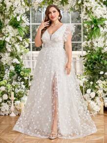 UNITHORSE UNITHORSE Plus Size Sweetheart Collar Cap Sleeve Ethereal Floral Mesh Overlay Slit Hem Lightweight Wedding Dress Evening Gown,Bride, All White Party Outfit Women