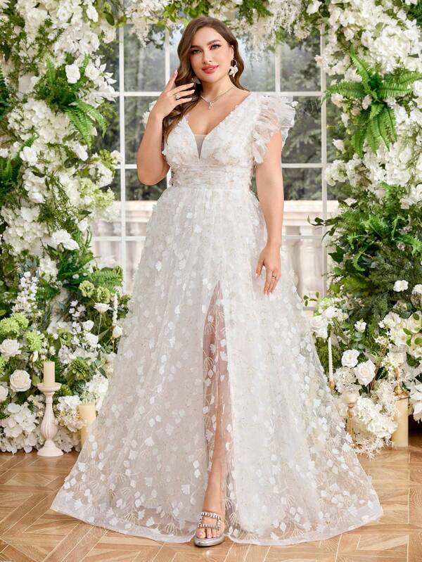 UNITHORSE UNITHORSE Plus Size Sweetheart Collar Cap Sleeve Ethereal Floral Mesh Overlay Slit Hem Lightweight Wedding Dress Evening Gown,Bride, All White Party Outfit Women