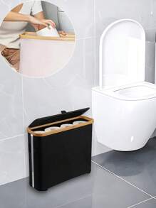 1pc Bohemian Style Black Bamboo Tissue Paper Holder With Storage Basket - Foldable Rectangular Bathroom Storage Box With Lid, Polyester Fiber, Fragrance Free, Suitable For Home And Office Back To School