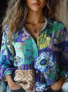 Women's Vintage Lovely Floral Art Print Casual Long Sleeve Comfortable Shirt Back To School Fall Women Clothes