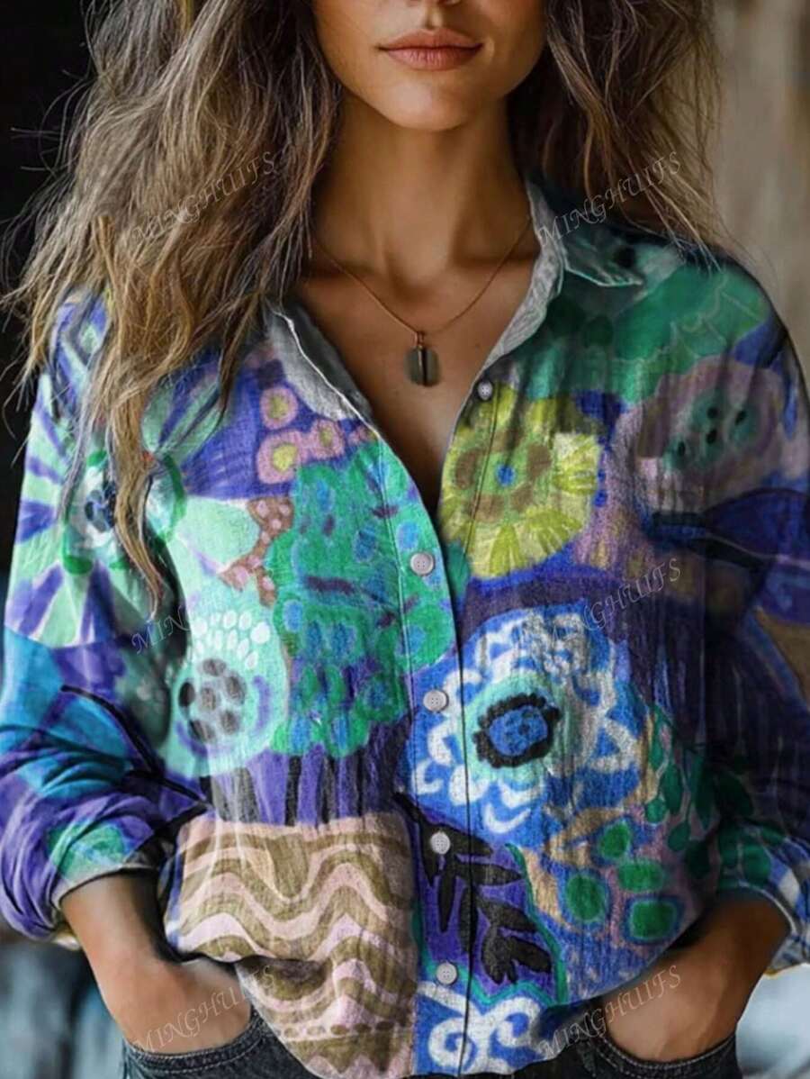 Women's Vintage Lovely Floral Art Print Casual Long Sleeve Comfortable Shirt Back To School Fall Women Clothes
